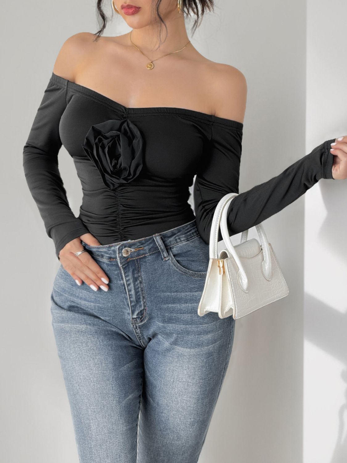 Ruched Flower Off-Shoulder Long Sleeve Bodysuit Main image