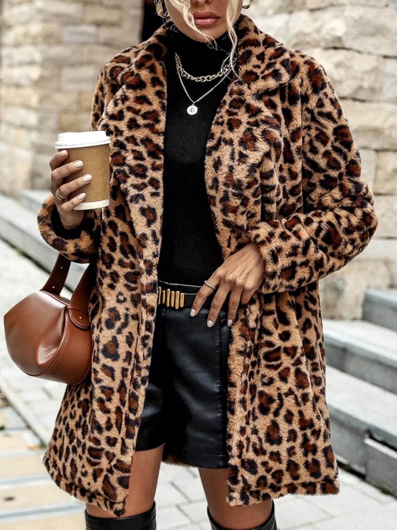 Leopard Print Faux Fur Longline Coat Secondary image