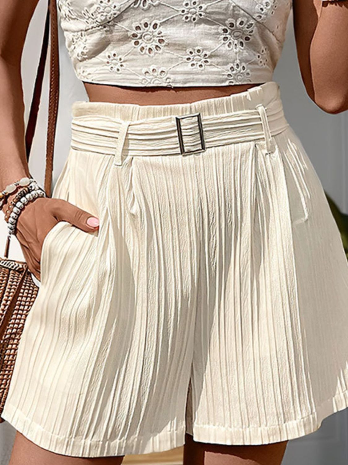 Textured High Waist Shorts with Pockets Main image