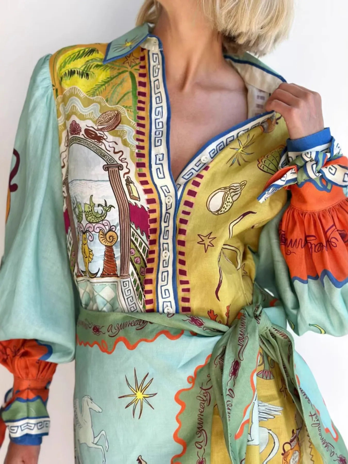 Printed Long Sleeve Shirt Dress with Tie Belt Secondary image