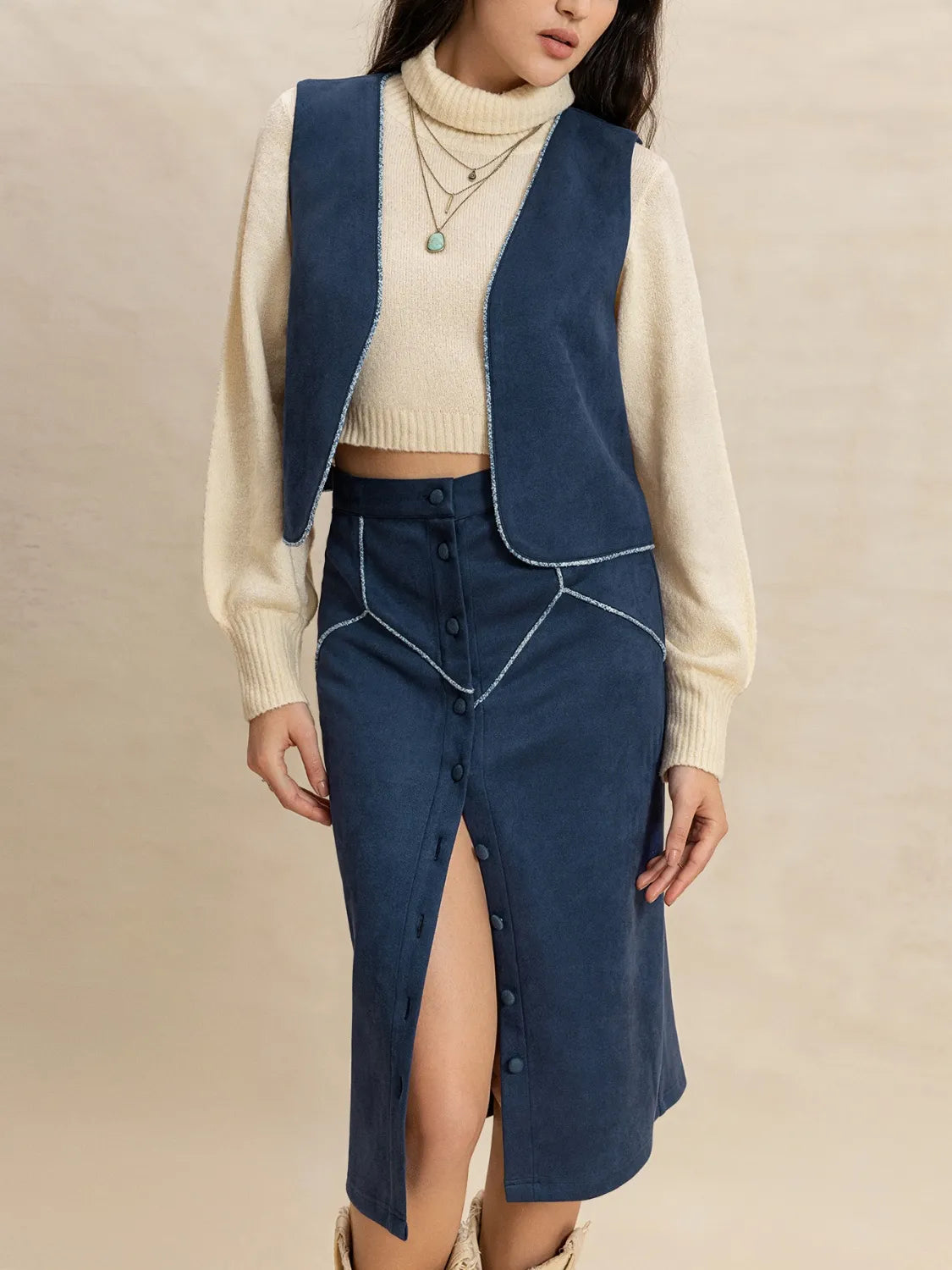 Open Front Vest and Skirt Set - Coordinated Two-Piece Outfit Secondary image
