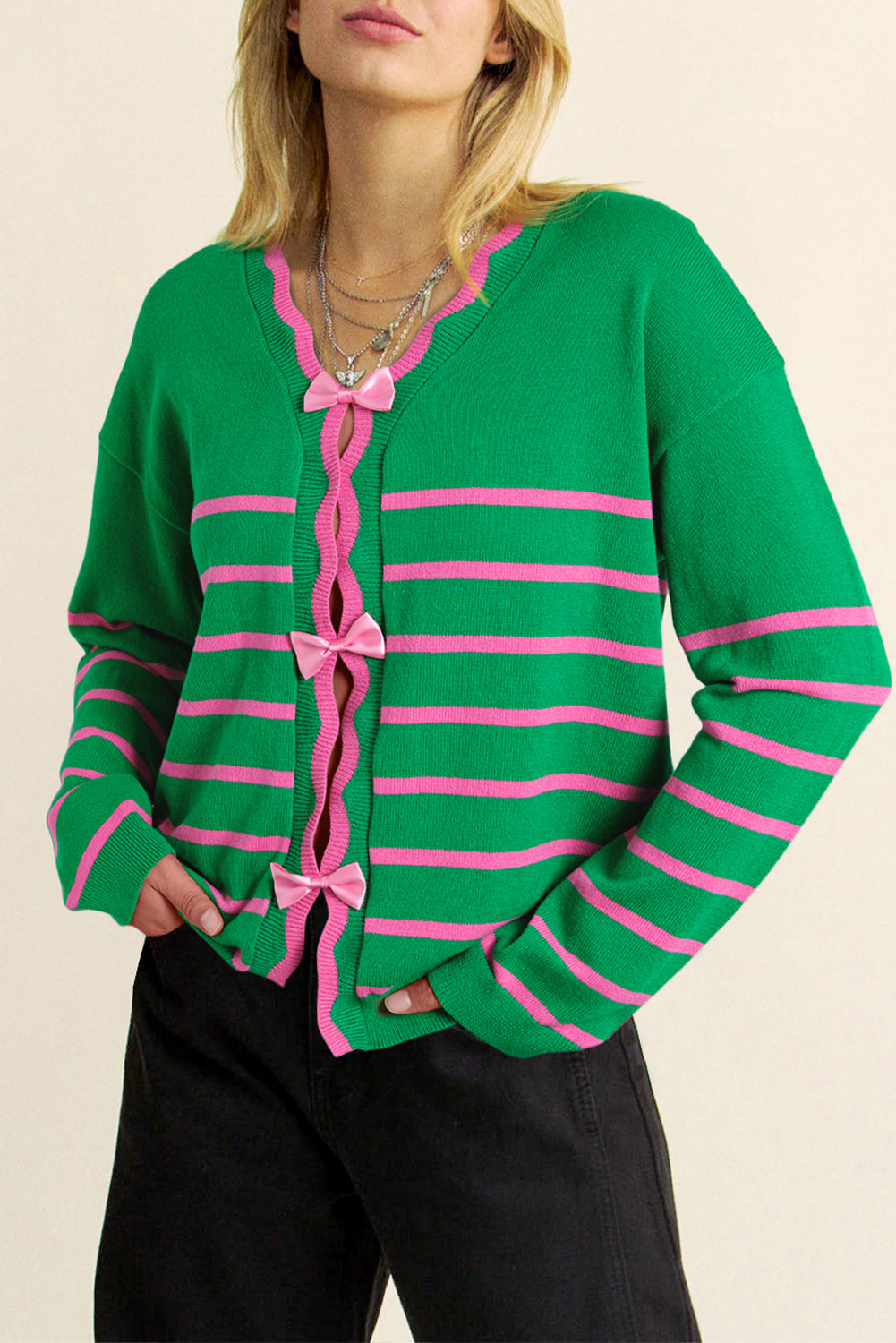 Bow Striped V-Neck Long Sleeve Cardigan Main image