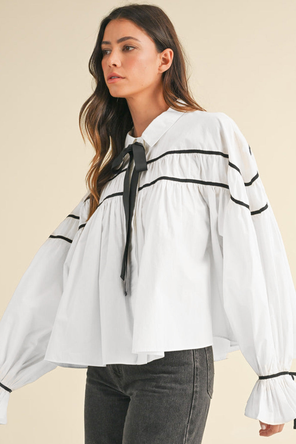 Ribbon Bowtie Collared Neck Flounce Sleeve Shirt Secondary image