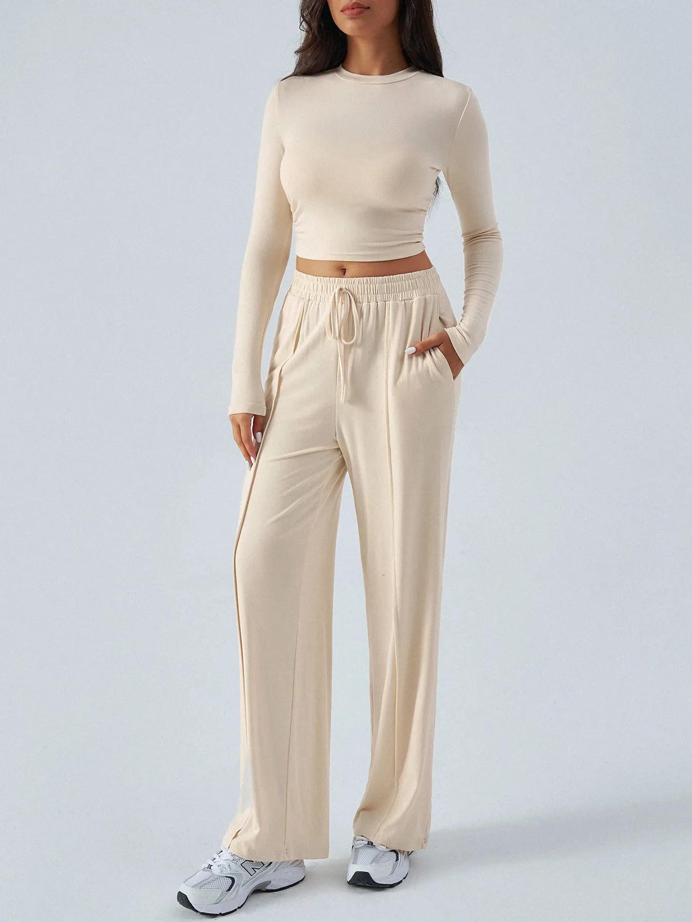 Round Neck Long Sleeve Top and Pants Set Secondary image