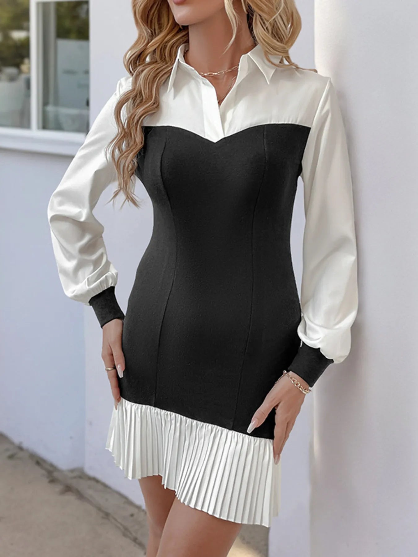Two Tone Pleated Long Sleeve Shirt Dress Secondary image