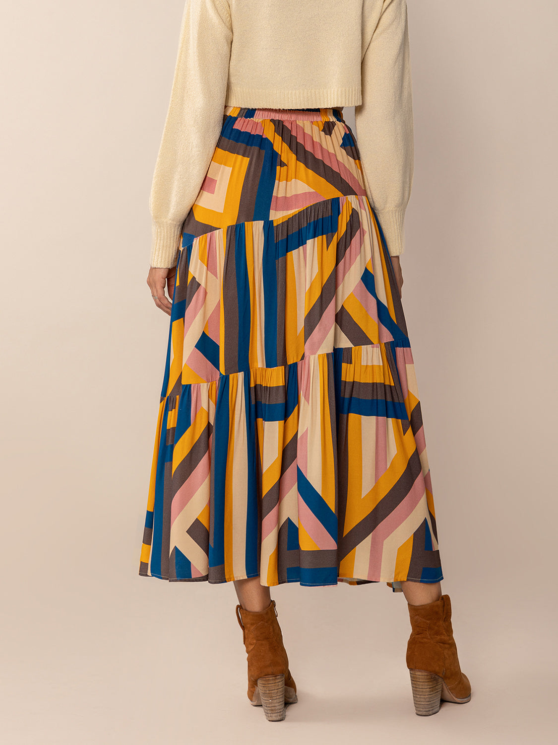Ruched Elastic Waist Contrast Midi Skirt Secondary image