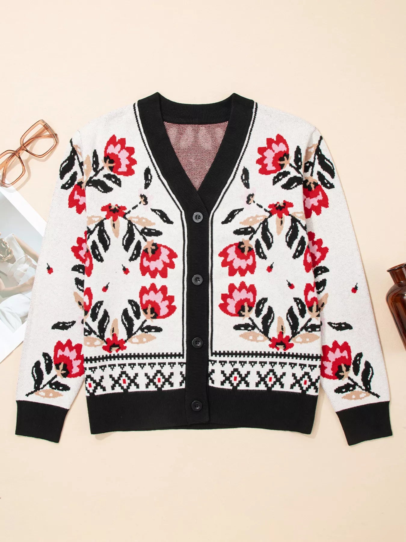 Floral Button Down Cardigan with Geometric Border Secondary image