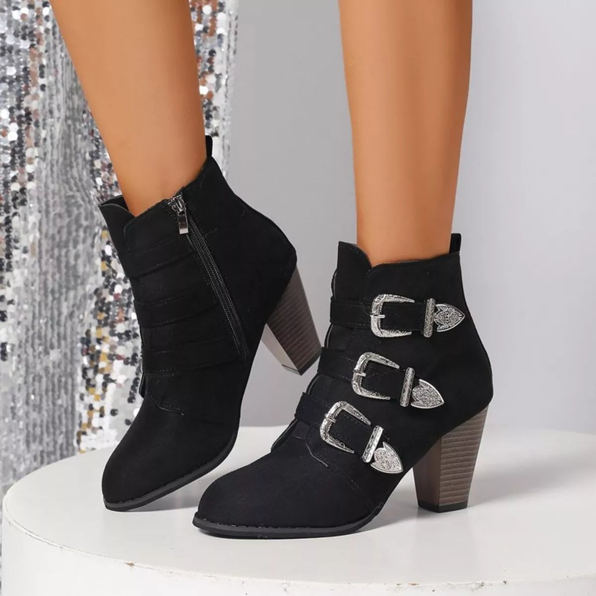 Pointed Toe Block Heel Boots in Vegan Leather & Suede Secondary image