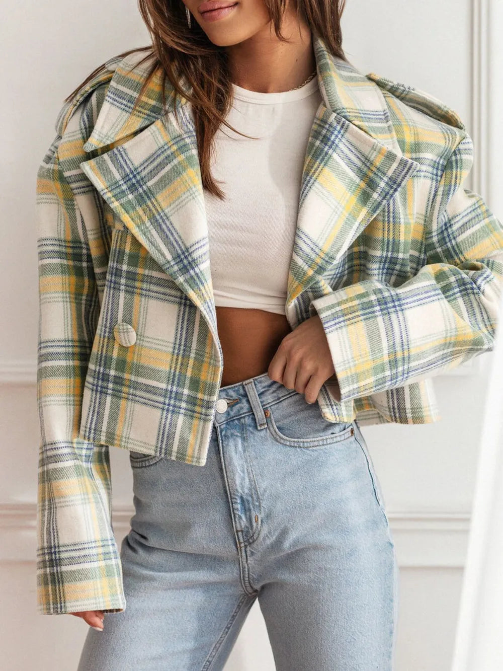 Lapel Collar Plaid Cropped Jacket Secondary image