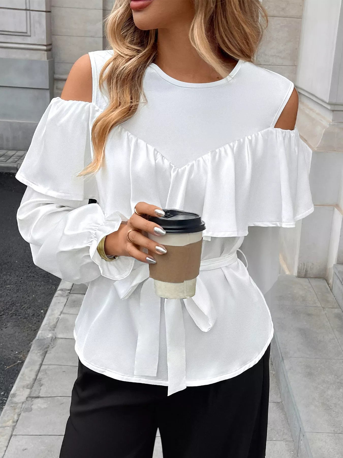 Ruffled Cold Shoulder Blouse with Tie Detail Secondary image