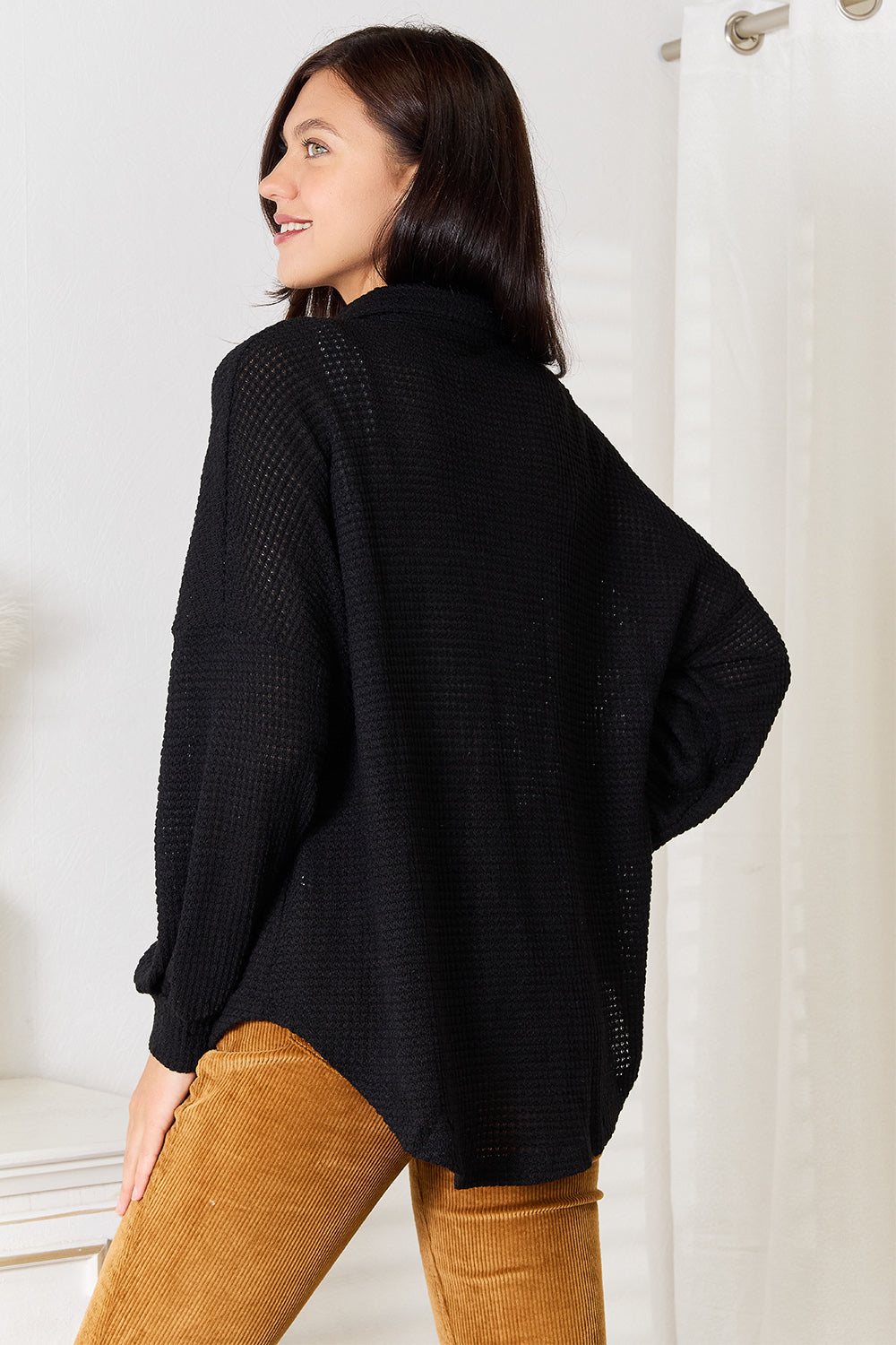 Waffle-Knit Collared Neck Dropped Shoulder Shirt Secondary image