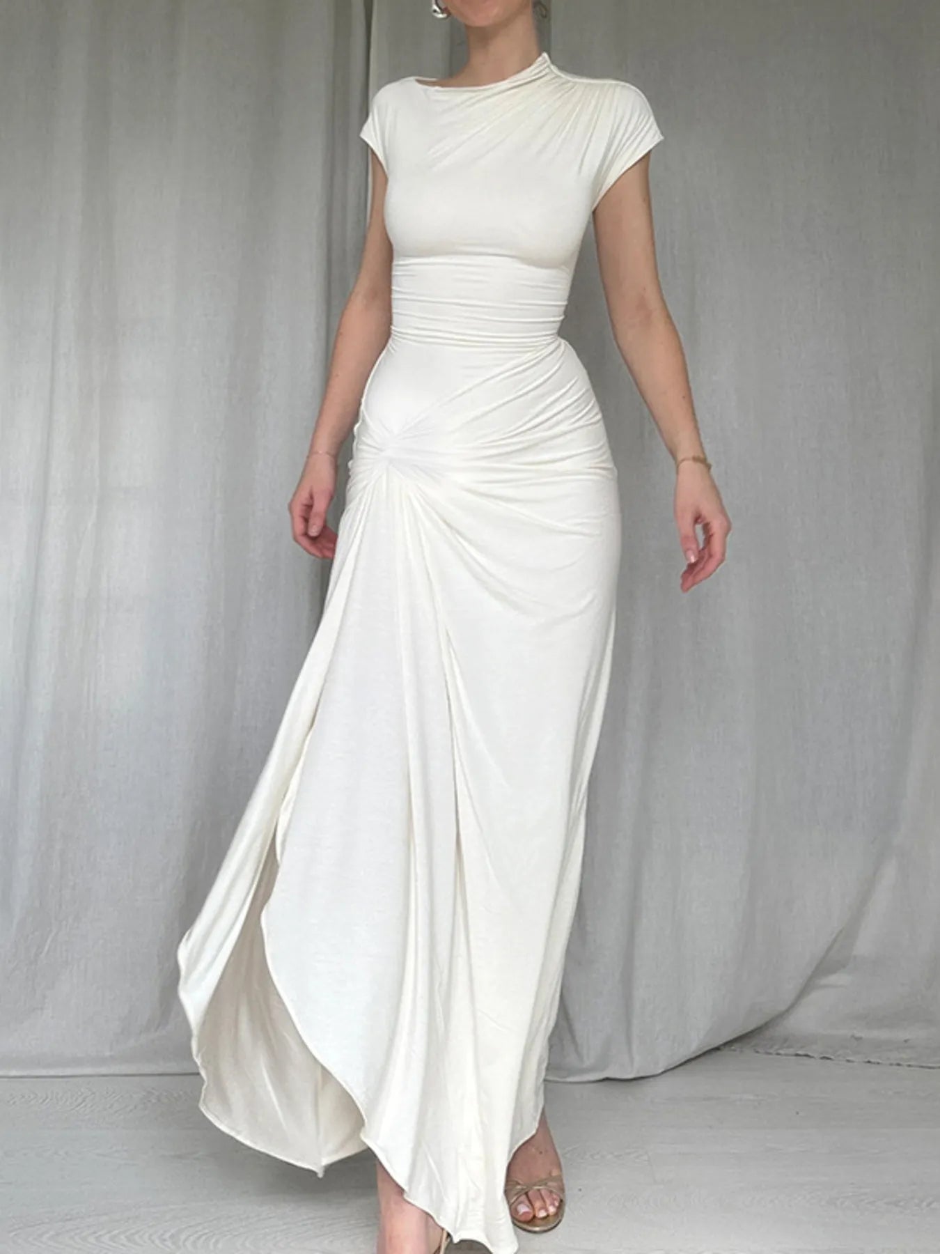 Ruched Maxi Dress with Cap Sleeves and Side Slit Secondary image