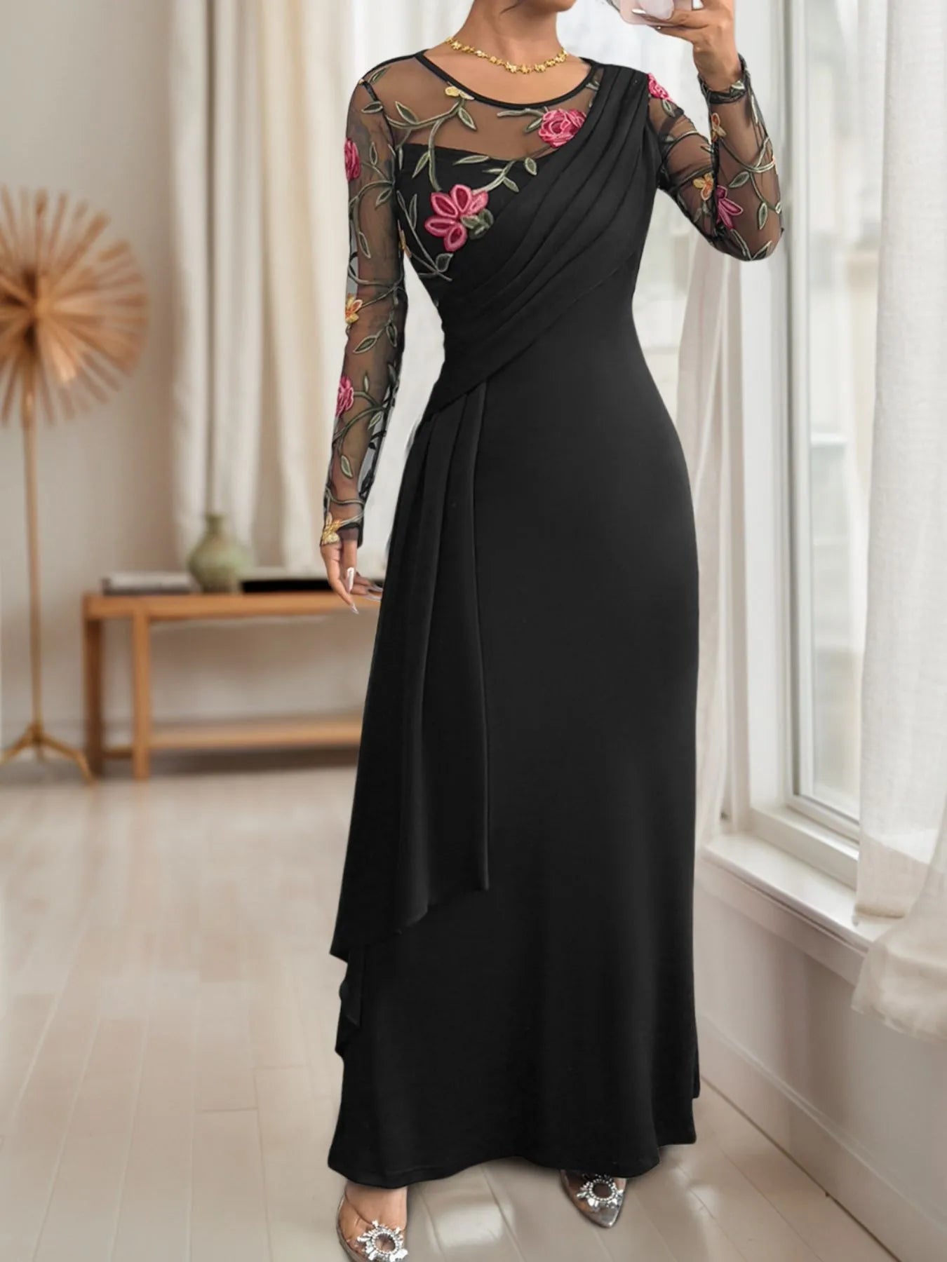 Floral Embroidered Maxi Dress with Sheer Mesh Sleeves Secondary image