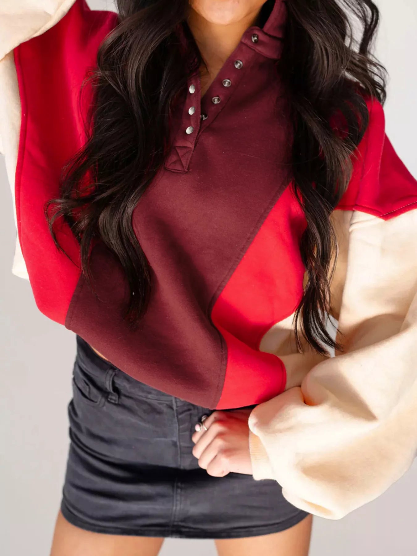 Color Block Patchwork Snap Button Oversize Hoodie Secondary image