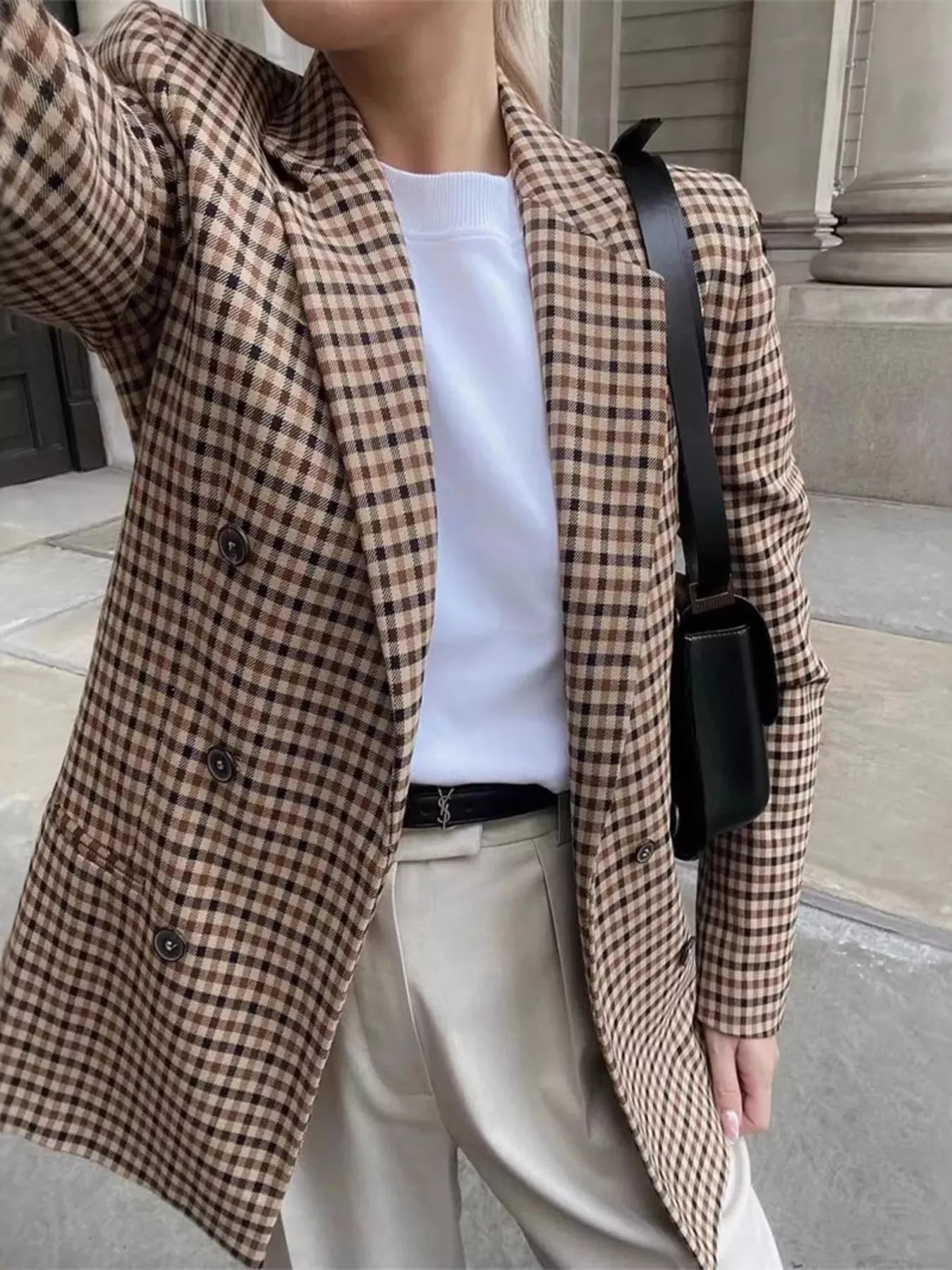 Plaid Lapel Collar Long Sleeve Blazer Secondary image
