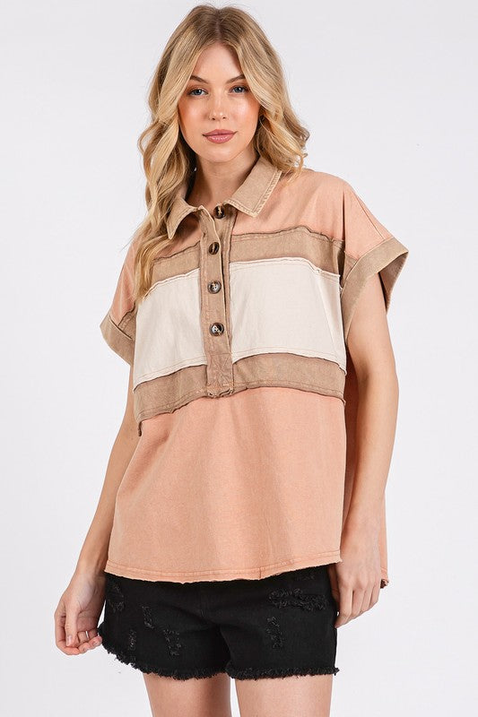 Mineral Washed Half Button Polo Top