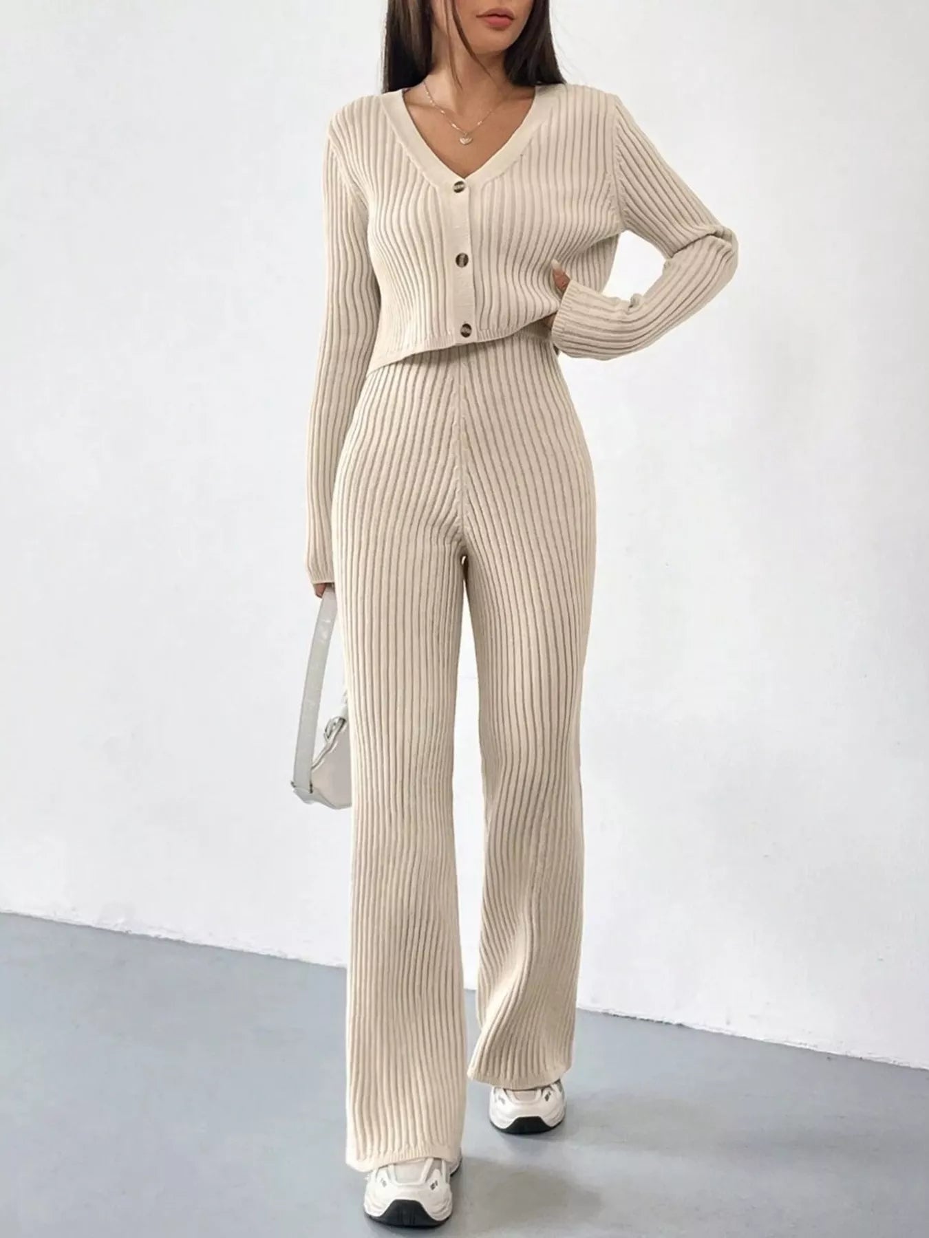 Ribbed Knit Button Up Top and Pants Set Secondary image