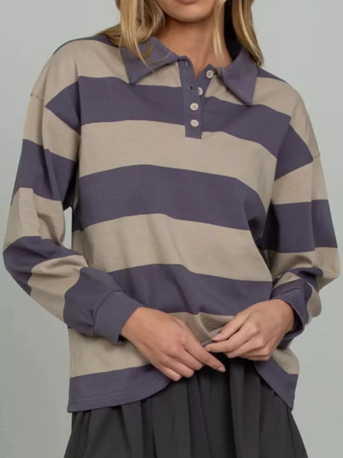 Striped Polo Collar Sweatshirt with Button Placket Secondary image