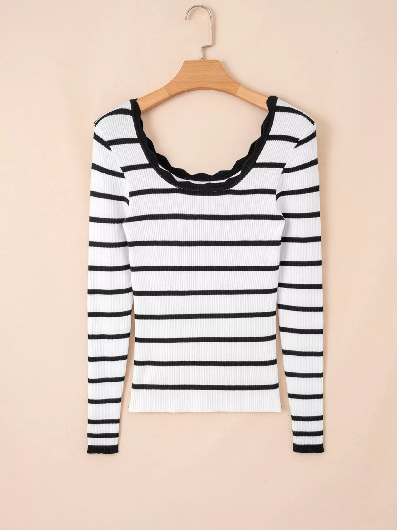 Scalloped Trim U Neck Striped Ribbed Slim Knit Top Secondary image