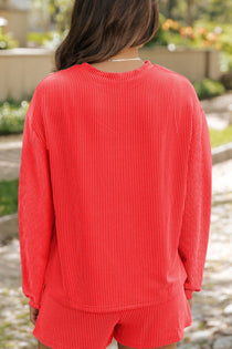Sequin Heart Round Neck Long Sleeve Top and Shorts Set