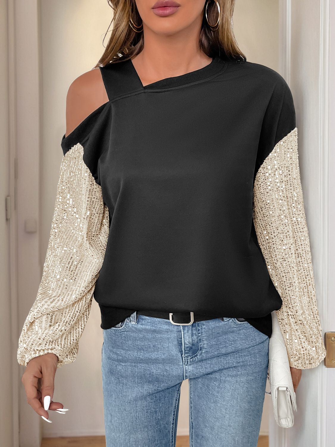 Sequin Asymmetrical Neck Long Sleeve Sweatshirt