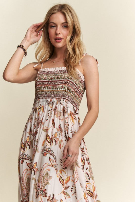 Smocked Printed Square Neck Tie Shoulder Cami Dress Secondary image