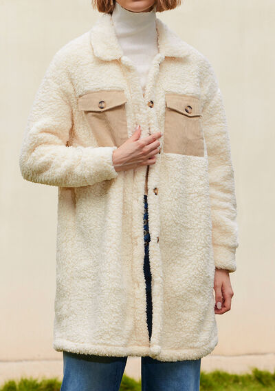 Collared Neck Long Sleeve Longline Teddy Jacket Secondary image