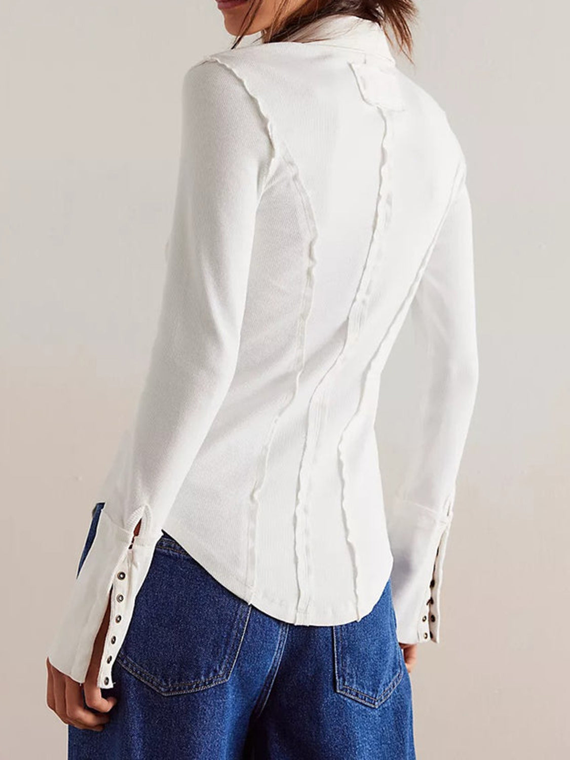 Exposed Seam Snap Down Collared Neck Long Sleeve Top Secondary image