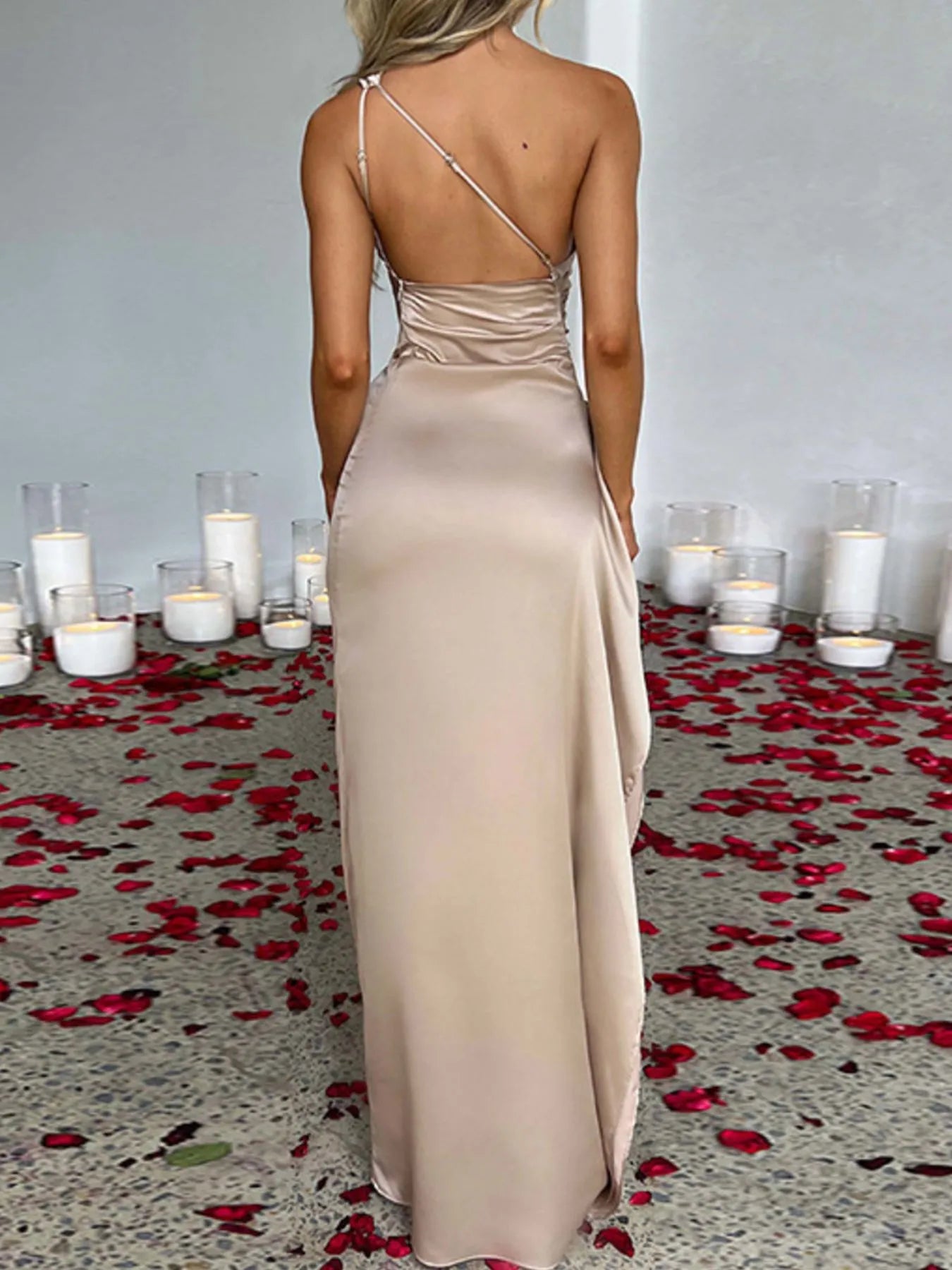 One-Shoulder Satin Dress with Ruched Detail and High Slit Secondary image