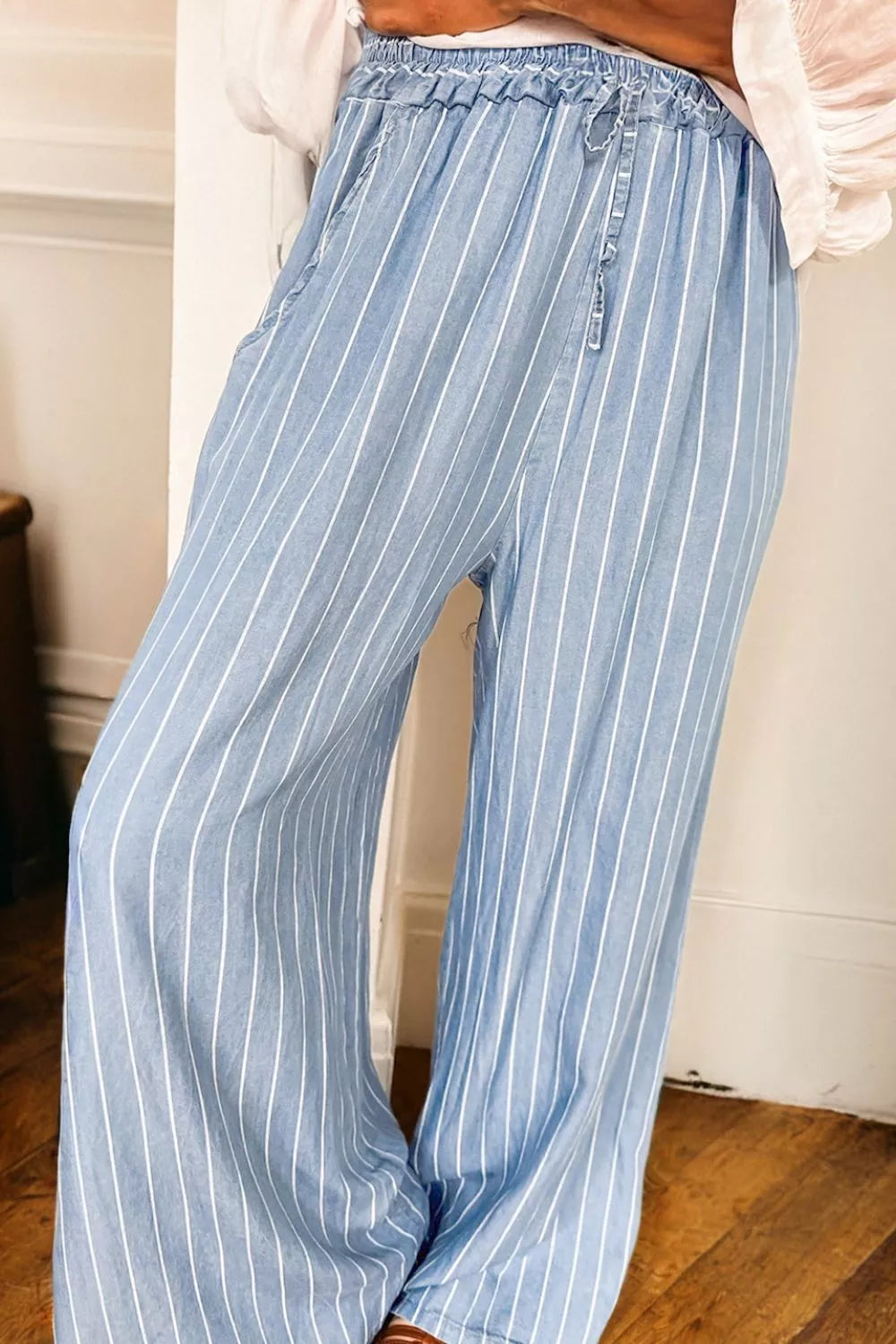 Striped Wide Leg Jeans with Drawstring Waist Secondary image