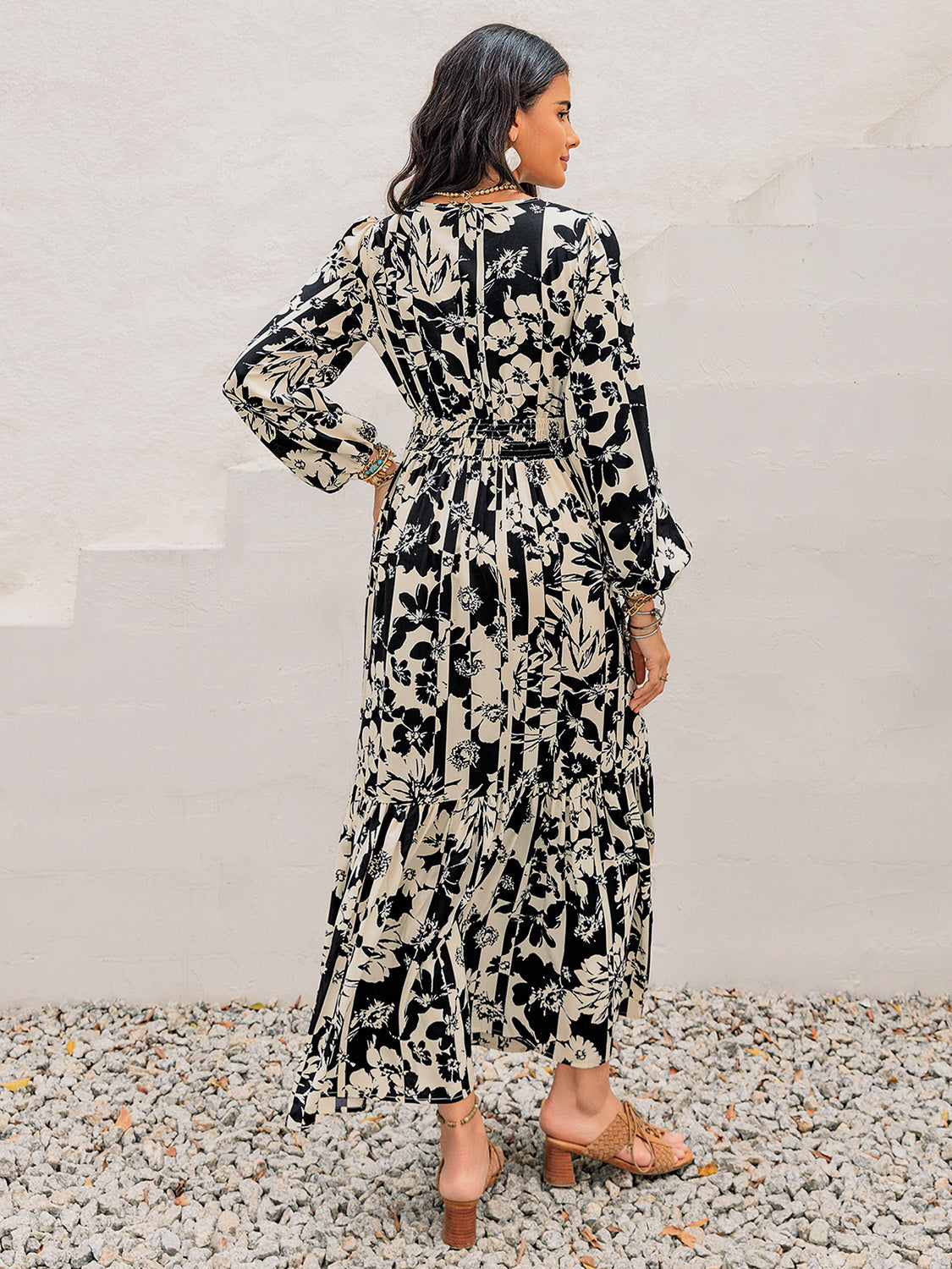 Smocked Printed Tie Neck Long Sleeve Dress Secondary image
