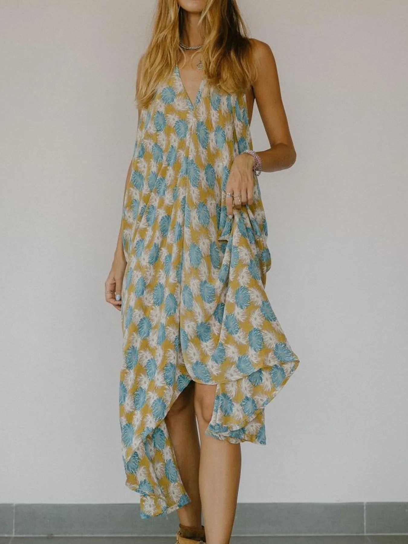 Printed Halter Dress with Asymmetrical Hem and Backless Design Secondary image