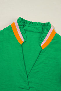 Contrast Trim Notched Short Sleeve Blouse