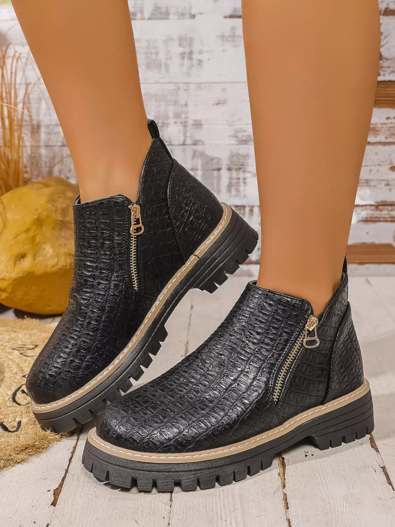 Round Toe Side Zip Ankle Boots with Low Heel Secondary image
