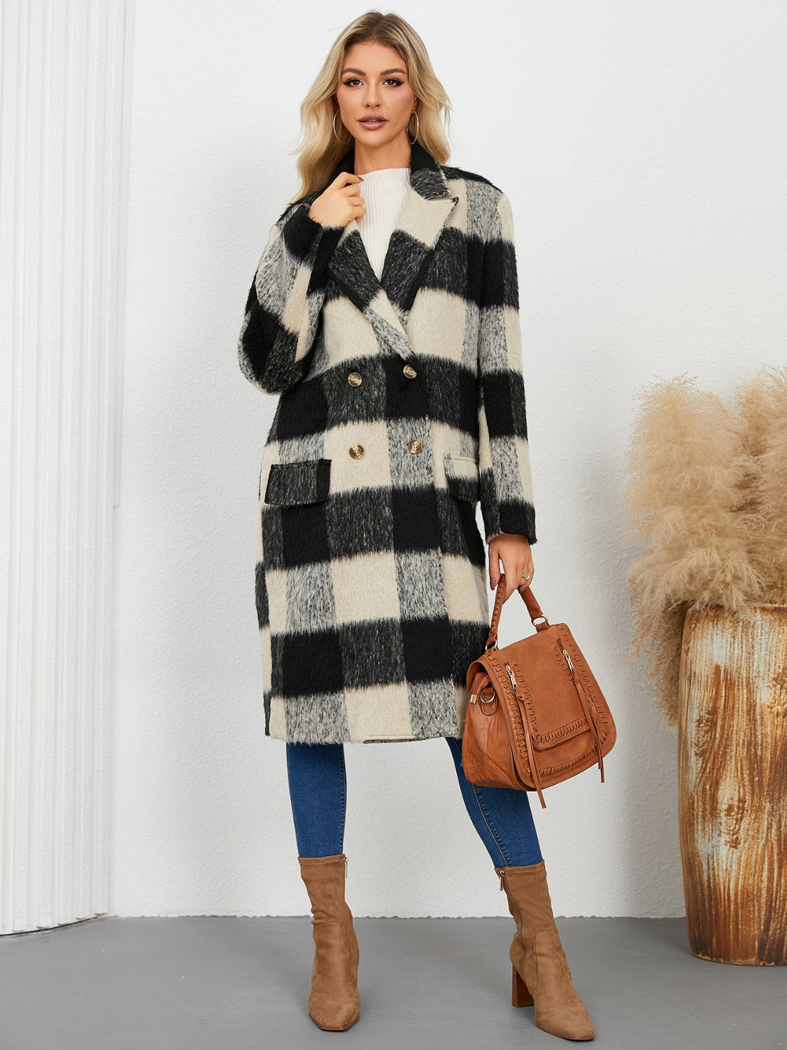 Plaid Double-Breasted Long Sleeve Coat Main image