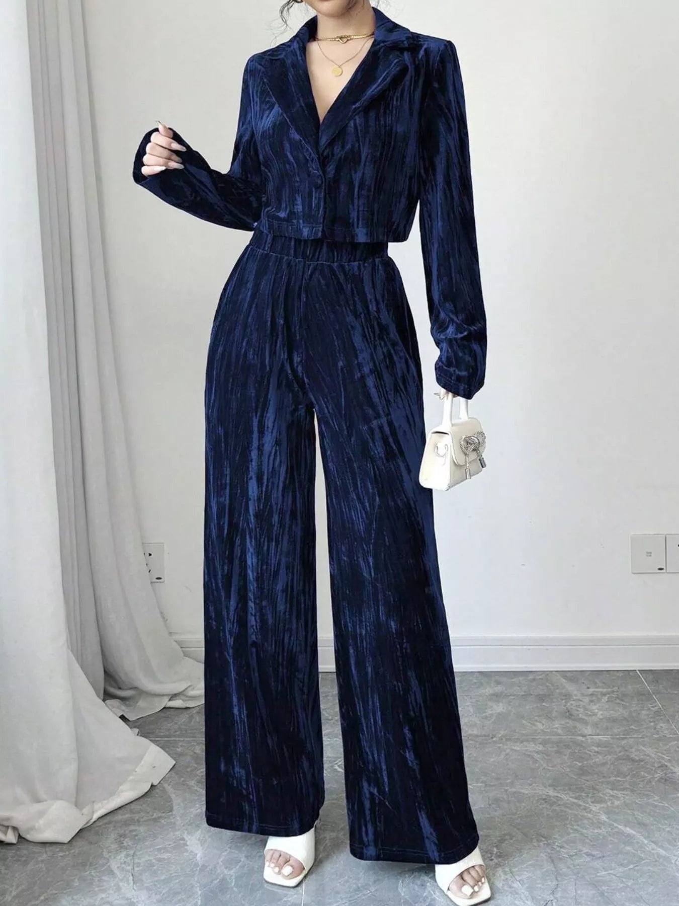 Pleated Velvet Blazer & Wide Leg Pants Set Secondary image