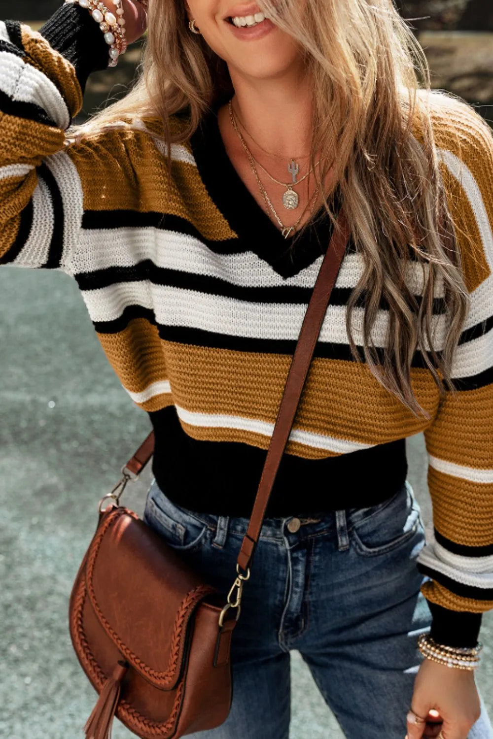 Contrast Stripe V-Neck Sweater - Long Sleeve Knit Top Secondary image