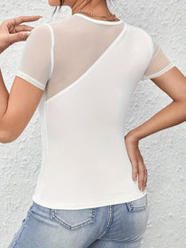 Mesh Patchwork Top with Lace Detail and Short Sleeves