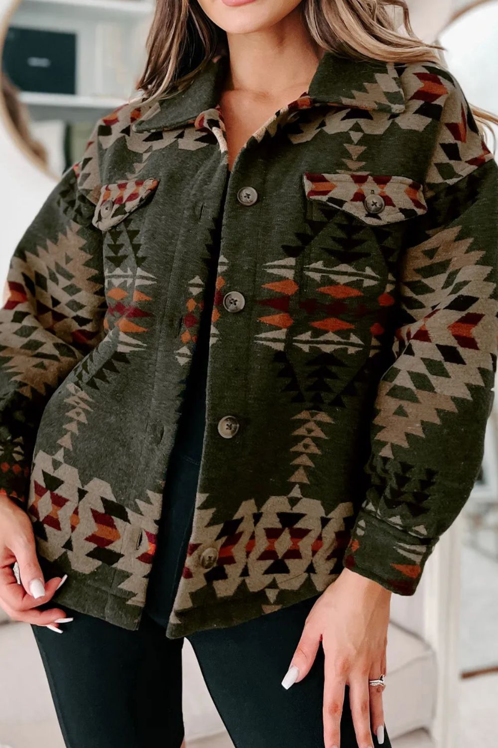 Pocketed Geometric Collared Neck Jacket Secondary image