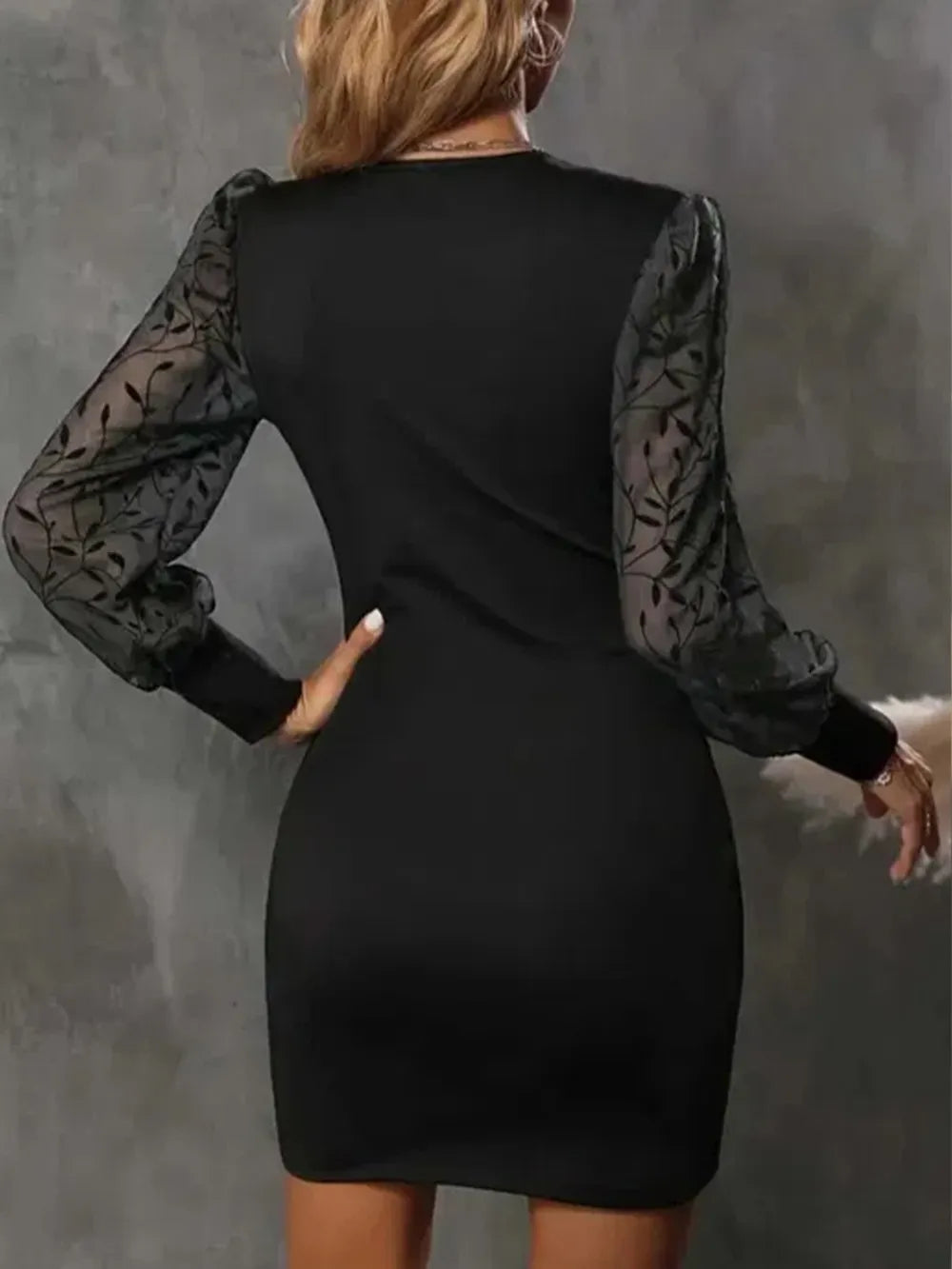 Semi-Sheer Surplice Dress with Ruched Detail & Long Sleeves Secondary image