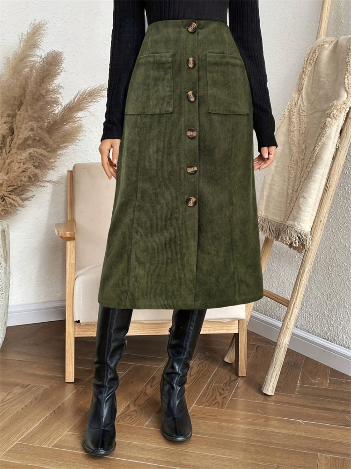 Elastic Waist Skirt with Pockets and Button Detail Main image