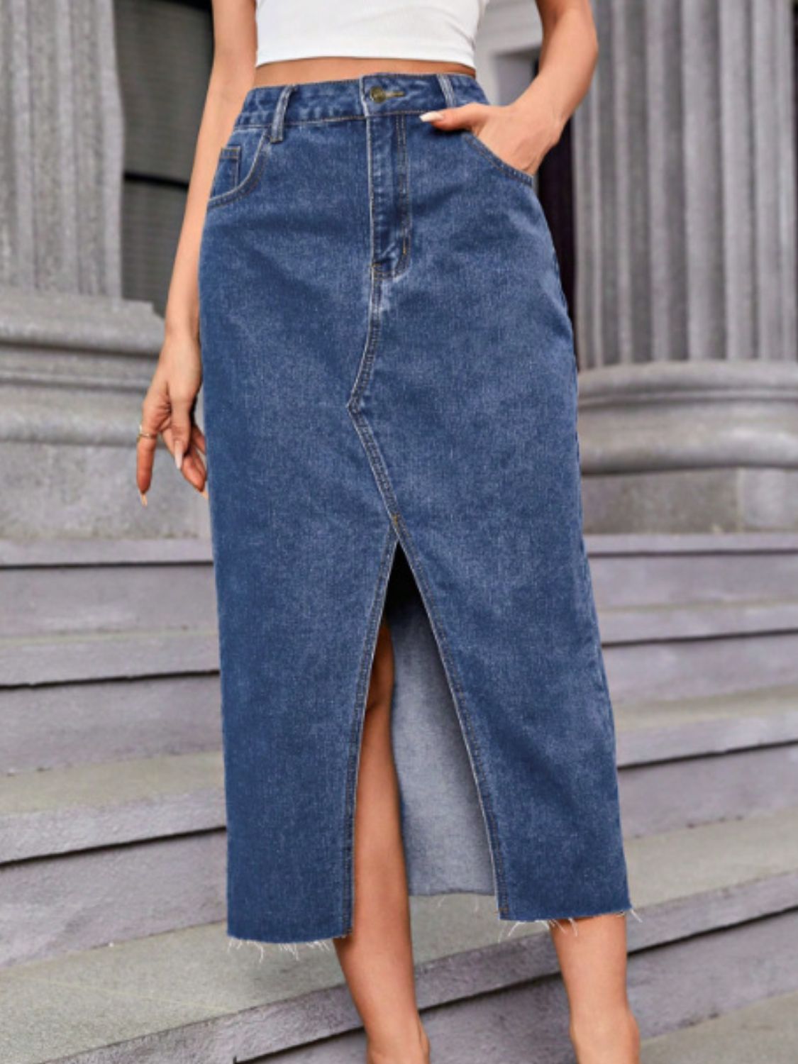 Slit Midi Denim Skirt with Pockets Main image
