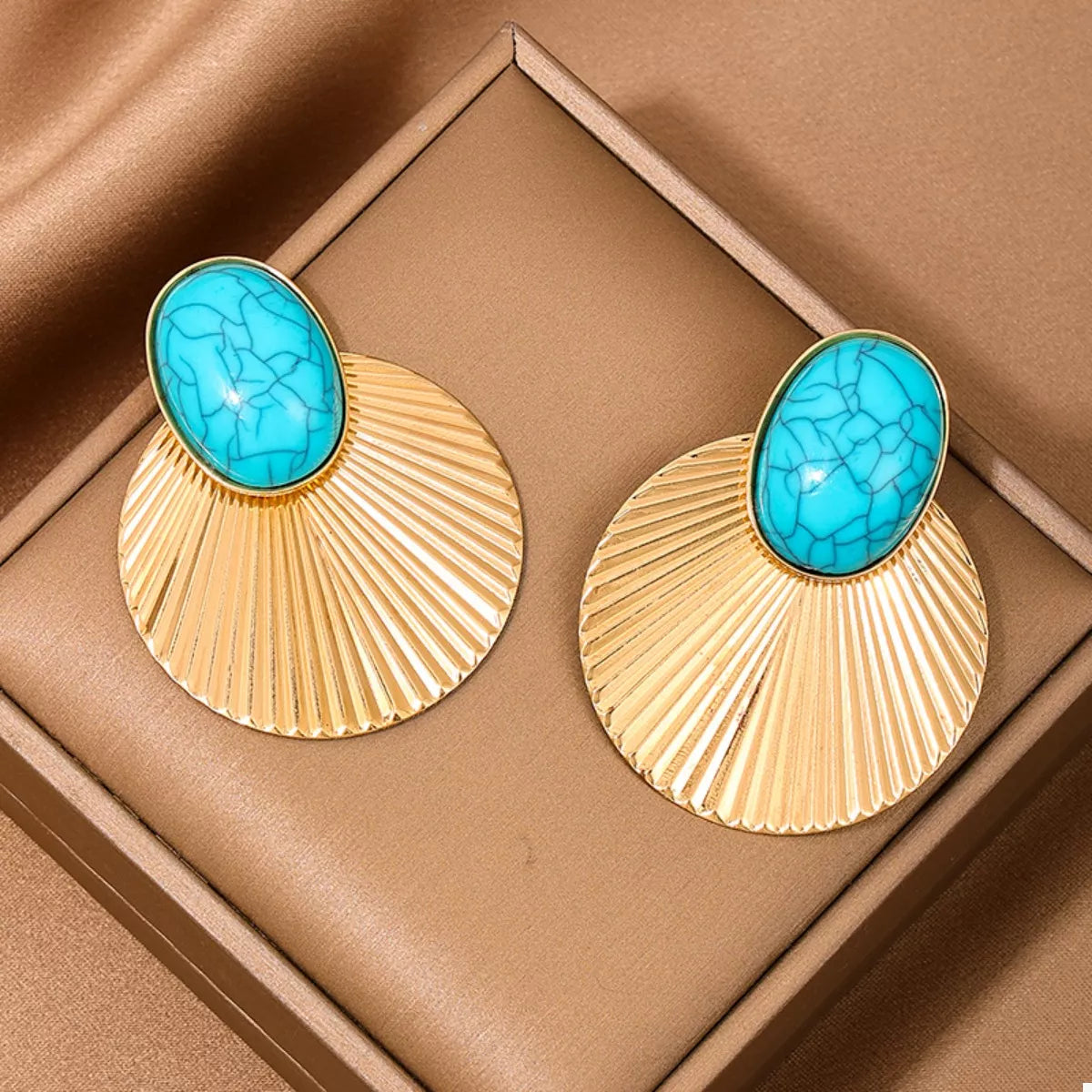 Turquoise Stone Fan Drop Earrings in 18K Gold-Plated Setting Secondary image