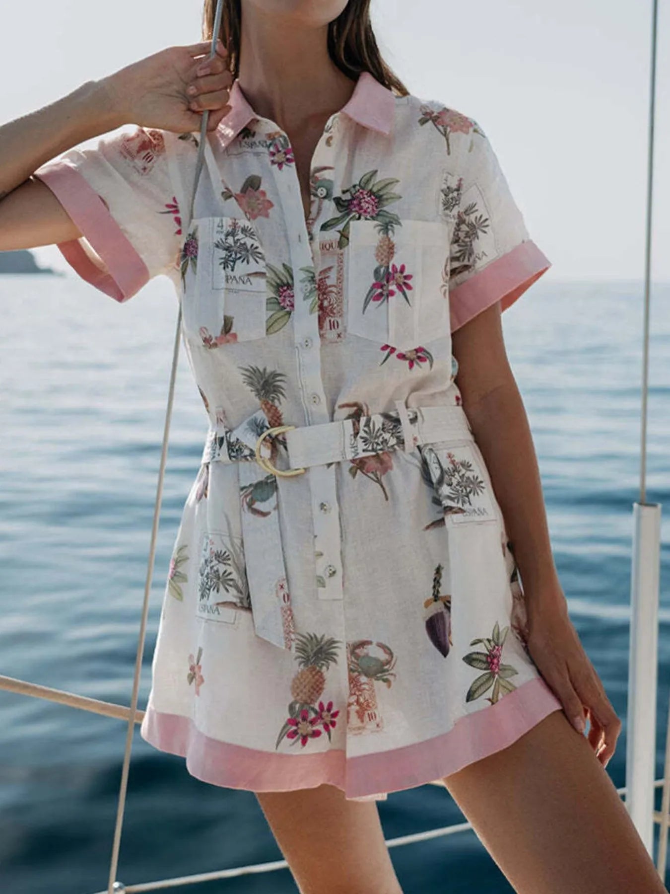 Printed Short Sleeve Romper with Belt Secondary image