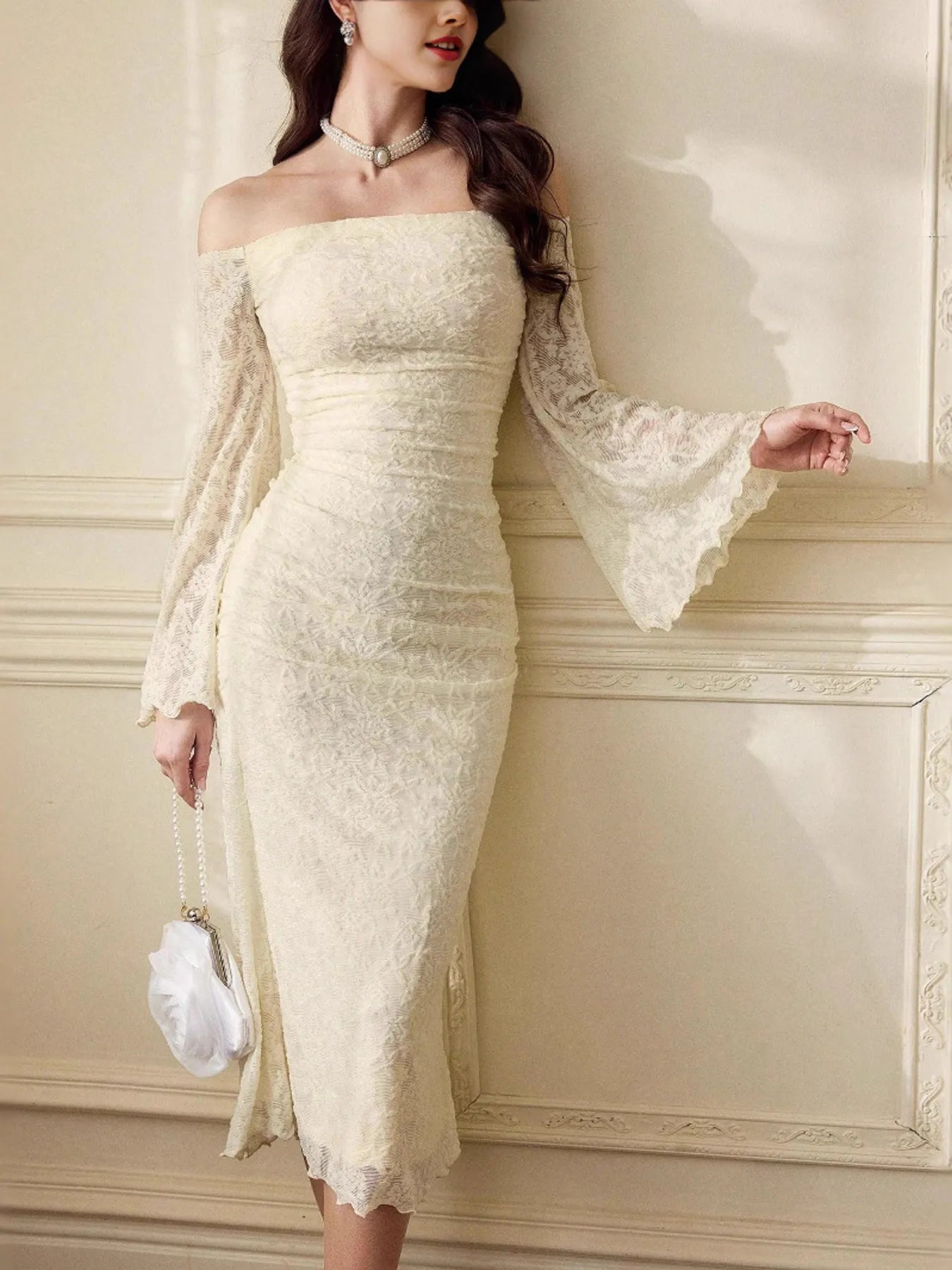 Off-Shoulder Dress with Flare Sleeves and Lace Detail Secondary image