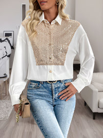 Sequin Contrast Collared Neck Long Sleeve Shirt