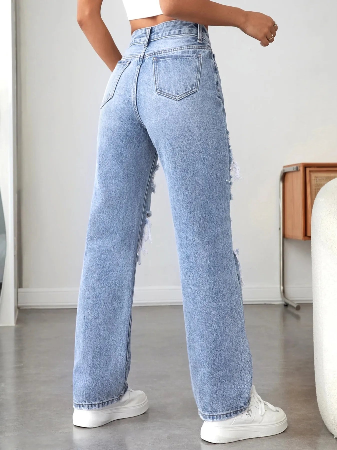 High Waisted Distressed Jeans - Vintage Washed Denim Secondary image