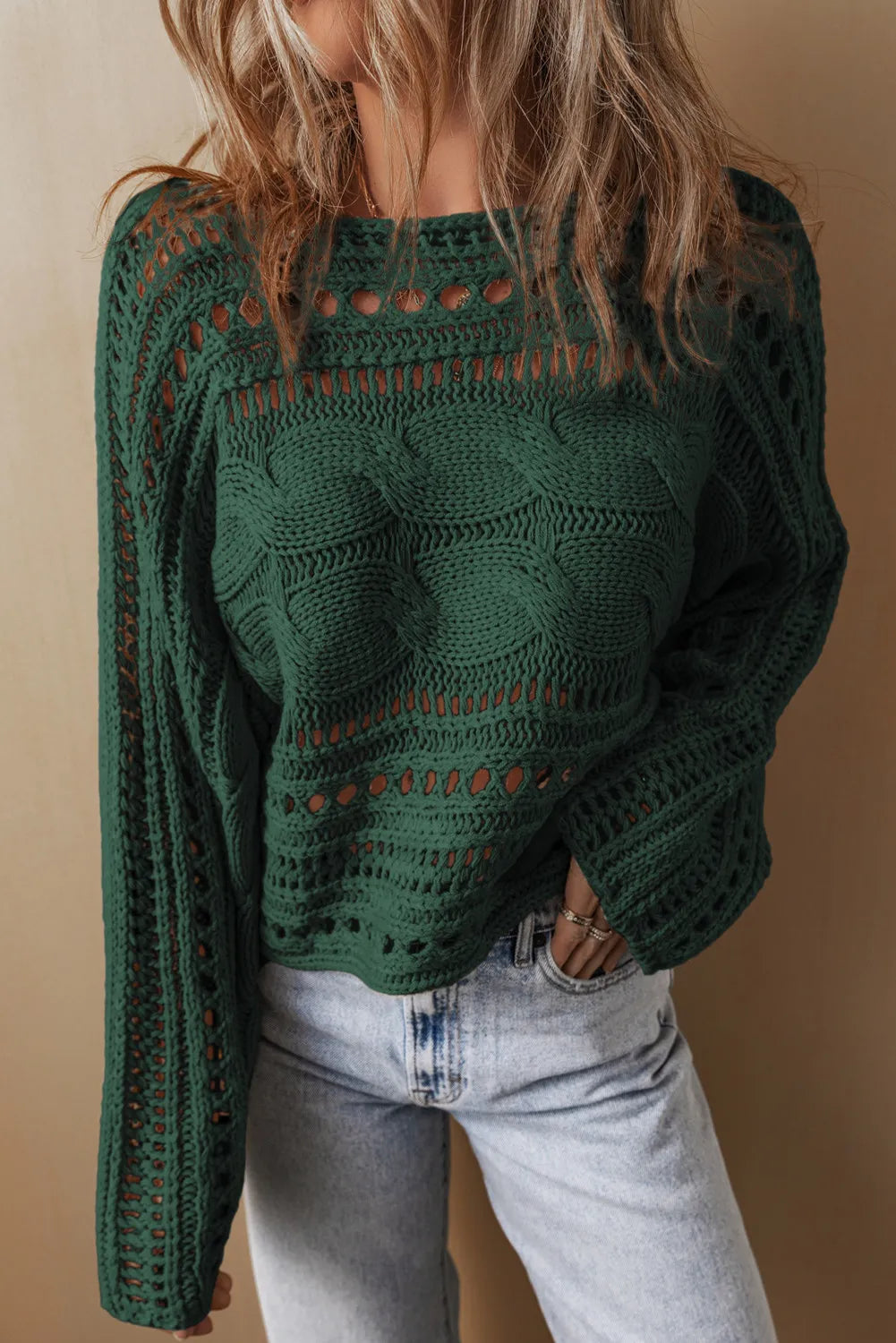 Cable-Knit Openwork Long Sleeve Sweater Secondary image