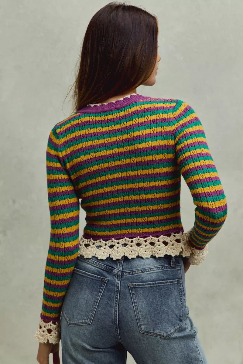 Mardi Gras Striped Cropped Knit Top with Crochet Edge Secondary image