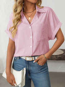 Pocketed Striped Collared Neck Short Sleeve Shirt